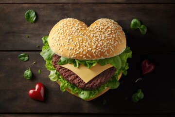 Canvas Print - heart shaped burger with thick juicy cutlet decorated with lettuce leaves, created with generative ai