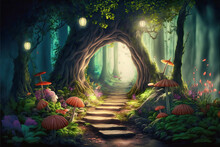 Fantastic Wonderland Forest Landscape With Stone Path, Mushrooms, Passage Through A Hollow Tree
