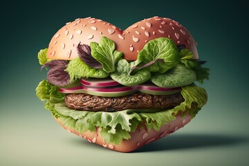 Poster - big mouth-watering pink heart shaped burger with lots of green lettuce leaves, created with generative ai