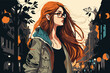 © Viktor - Beautiful teenage girl with glasses on the street, vector flat illustration, EPS 10.