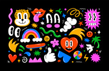 Colorful Retro Cartoon Doodle Illustration Set. Vintage Style Eye And Happy Faces Reaction Sticker Collection. Funny Psychedelic Character Smiling, Modern Flat Drawing Art.