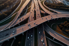 Aerial View Of Major Highway Crossroad Intersection. 
Concept Of Transportation And Infrastructure. Generative Ai.