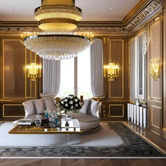Glamorous living room with chandelier and luxurious furniture2, Generative AI