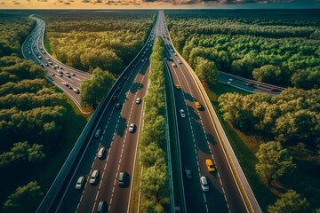 Aerial view of major highway crossroad intersection. 
Concept of transportation and infrastructure. Generative ai.