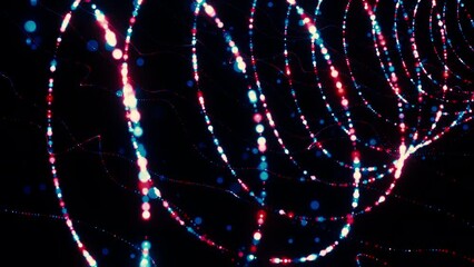 Poster - Abstract neon spiral shape of many tiny particles on a dark background. Motion. Spinning bending stripes of round shaped small dots.