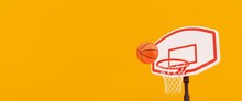 3d Illustration Of Basketball Hoot With Ball On Yellow Background. Indoor Sports Concept, Copy Space