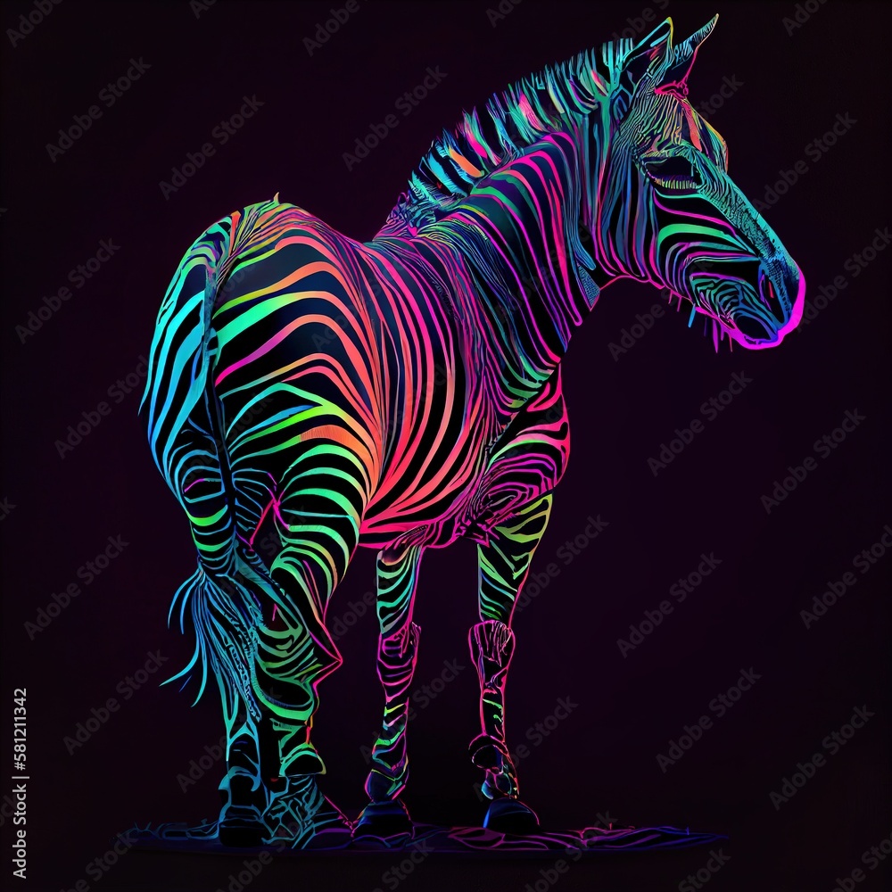 Portrait of a multicolored zebra on an isolated black background ...