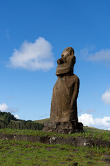 Side view of Moai on the Ahu Huri A Urenga on Easter Island (Rapa Nui), Chile. Ahu Huri a Urenga is a platform with a single moai with two pairs of hands.