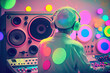 © Supermelon - Generative AI Illustration of a music producer and dj creating music in a futuristic studio in vivid and colorful pastel colors