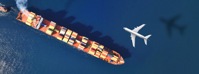 aerial drone ultra wide top down concept photo of container terminal and plane flying above indicati