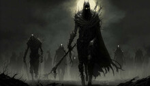 An Army Of Darkened Ghouls March Across The Land Shrouded In Mystery. Fantasy Art. AI Generation.