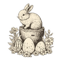 Easter Bunny Surrounded By Easter Eggs Vintage Engraving Style Illustration.