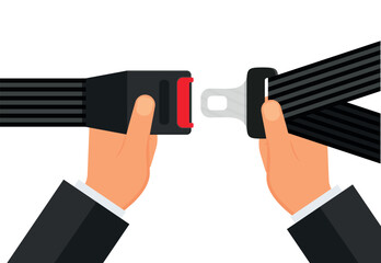 A man fasten buckle of safety belts hands. Illustration of Seat Belt for protection. Hands locking seat belt. The safety equipment for car or plane. Flat style. Vector