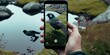 person uses smartphone app to identify different species of birds on nature hike while, concept of Smartphone bird identification, created with Generative AI technology