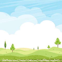 Wall Mural - Spring Background, Green Grass Field Landscape with Mountain,Blue Sky and Clouds,Panorama Nature  Summer rural in with pine Trees on hill.Cute Cartoon vector illustration backdrop banner for Easter