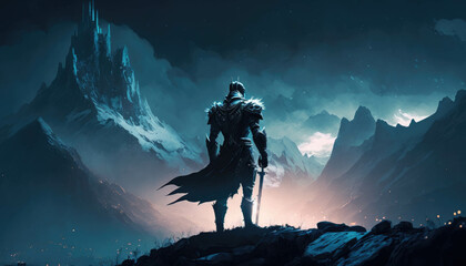 Wall Mural - A knight in cold dark armor stands atop a mountain of shadows. Fantasy art. AI generation.