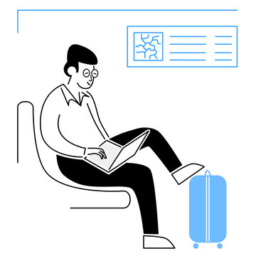Digital nomad on laptop waiting at train station, airport terminal. Man using laptop working remotely. Student using laptop waiting for public transport vector illustration