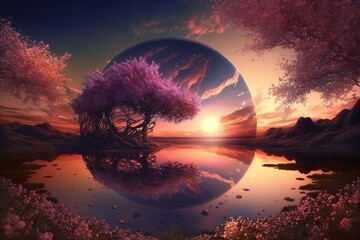 Poster - Glorious Radiance of Spring - A Dreamy Fantasy Sunset Generative AI