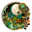 The Elements: Earth Elemental mixed media style circle symbol earth element greens browns beige  earthy rustic collage style aesthetic forest color palette layered paper look (generative AI, AI)
