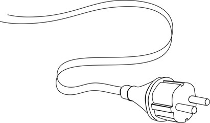 continuous single line drawing of electric plug and power cable, line art vector illustration
