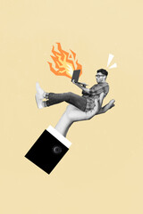 Poster - Creative image collage sketch picture of clever man nerd use modern netbook sitting palm boss woman arm isolated on painted background
