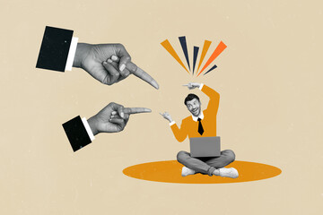 Poster - Creative 3d collage image picture poster two arms indicating funny happy man blaming failure force work hard isolated on painted background