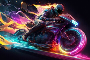 Superfast sport bike with neon trails. Ai generative