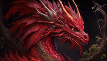 Chinese Terrible Red Dragon On Fantasy Forest 