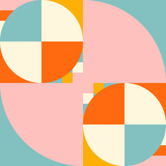 Poster - Simple geometric seamless pattern. Modern abstract background with circle, semi circle, square, rectangle stripe shapes in pastel colors.