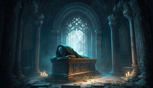 An Ancient Crypt Lies Buried Under A Blanket Of Starless Darkness. Fantasy Art. AI Generation.