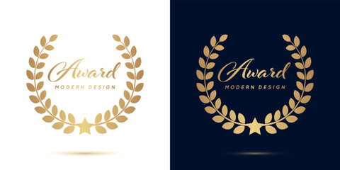 wreath laurel. gold icon award on white and blue background. winner golden circle. victory round cro