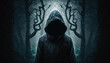 A hooded figure lurks in a dense forest of shadows and secrets. Fantasy art. AI generation.