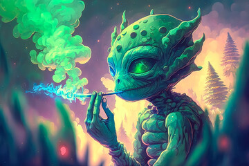 Green alien smoking weed joint. Funny space character illustration. Generative AI