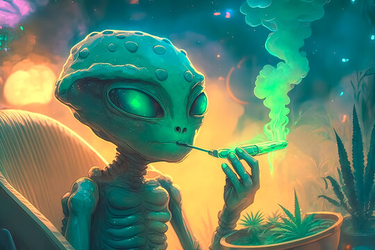 Green alien smoking weed joint. Funny space character illustration. Generative AI