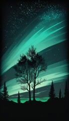 Canvas Print - Iullustration of landscape under northern lights, made with generative ai