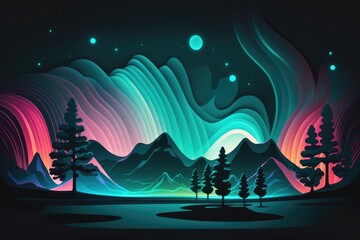 Canvas Print - Iullustration of landscape under northern lights, made with generative ai