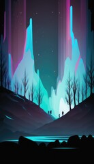 Canvas Print - Iullustration of landscape under northern lights, made with generative ai