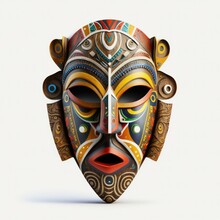 Vibrant And Colorful Tribal Mask With Intricate Patterns And Bold Designs, Reflecting Traditional Ethnic Art Isolated On A White Background, Generative Ai