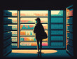 A lone shopper browsing the shelves of a convenience store illuminated by the bright interior lighting. Lifestyle concept. AI generation.