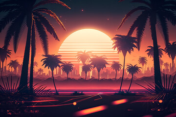sunset with big sun in miami disco style party. retro wave, synthwave illustration. background 80 s,