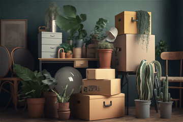 Aufkleber - Moving to a new home. The family moved to a new home. Paper cardboard boxes with various household items and cactus home plants.generative ai