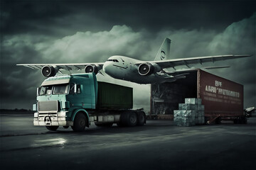 Poster - Logistic, worldwide shipment and Fright transportation concept. global business logistic import export by airplane, trucks and ships.generative ai.