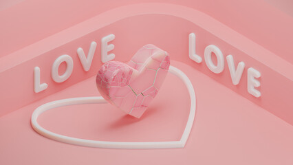 Poster - 3d rendering of a broken heart. A pink heart in cracks and splinters. The idea of pain and loneliness. The agony of love and disappointment. Illustration for Valentine's Day.