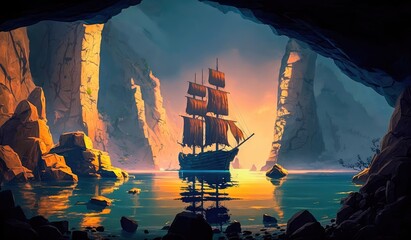 Wall Mural - An old ship is sailing on the sea. Seascape. Book illustration. A scene from a video game. Serious digital painting. Generative AI