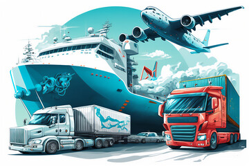 Poster - Logistic, worldwide shipping and Fright transportation concept. global business logistic import export by airplane, trucks and ships.generative ai.