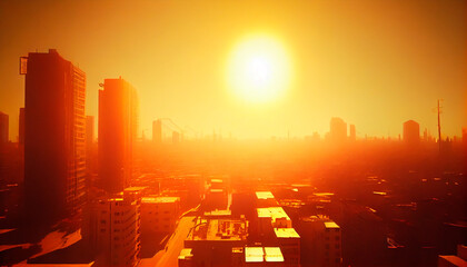 heatwave over a city, bright sun, global warming, urban heat island. generative ai