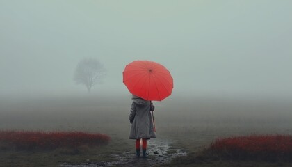 A single person walking in the rural countryside in the cold foggy rain, with a red umbrella. Generative AI.