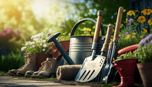 Gardening Tools In Garden. Gardening Equipment: Shovel, Spade, Rake, Pruning Sheers, Water Can. Garden Tools Composition. Ai Generated.