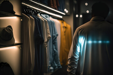 A rack of shirts hanging in a fashion shop with lights. Generative Ai.