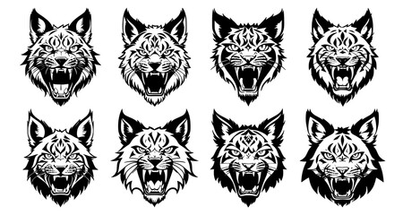 Set of lynx heads with open mouth and bared fangs, with different angry expressions of the muzzle. Symbols for tattoo, emblem or logo, isolated on a white background.